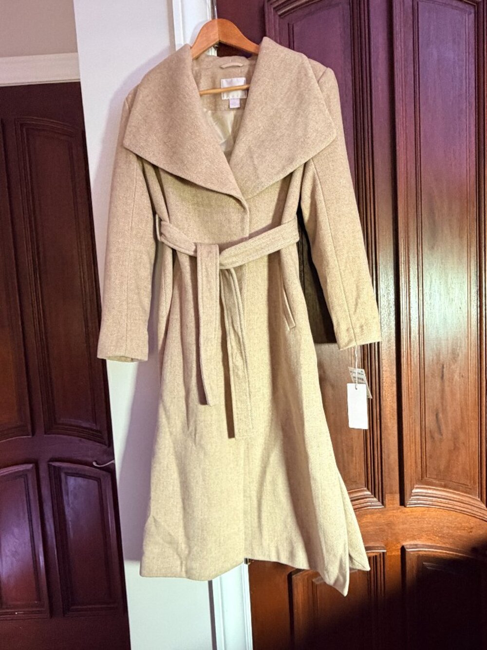 NWT Rachel Parcell Herringbone Wool Blend Long Wrap Coat Tan Belted Women's S